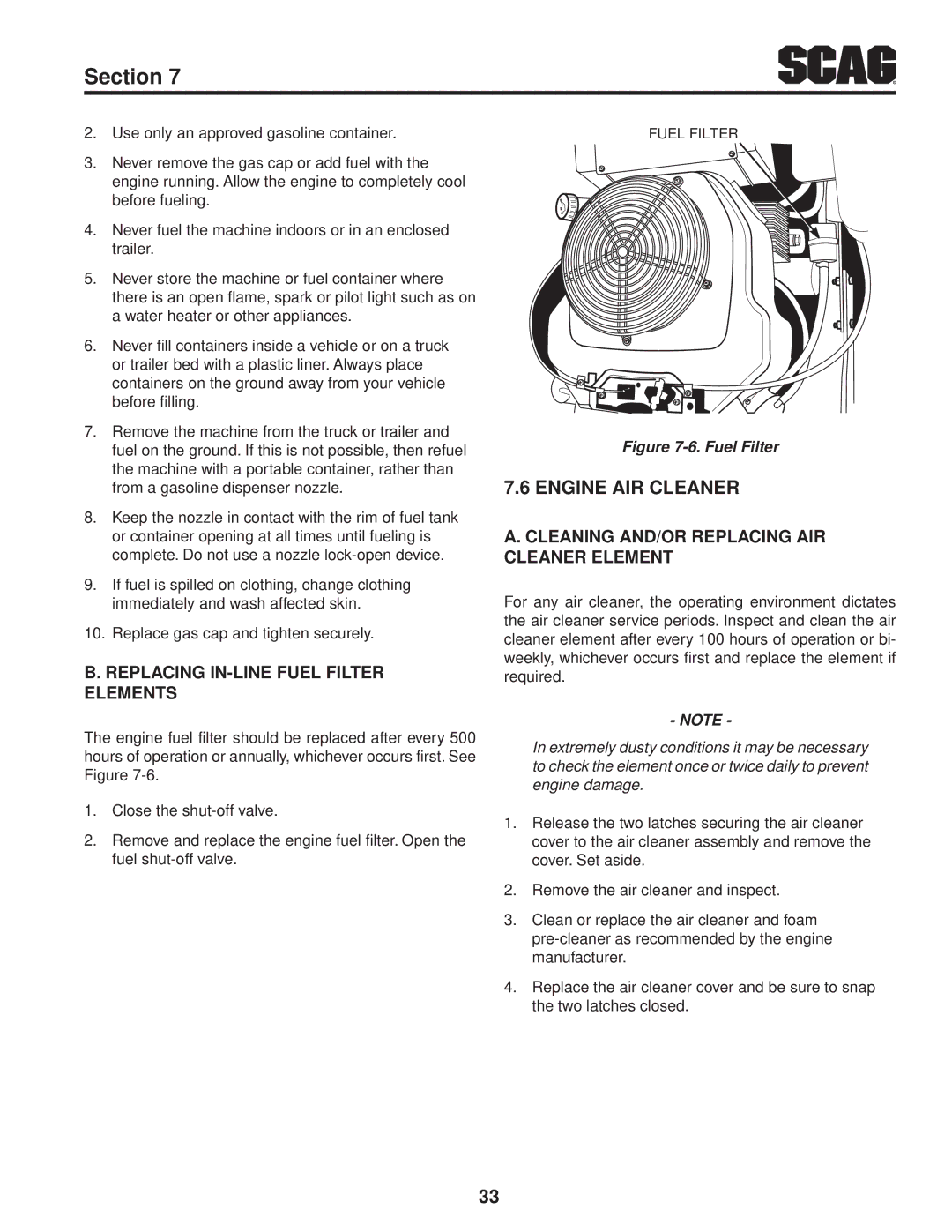 Scag Power Equipment STC52V-25CV, STC61V-23BV, STC52V-23BV manual Engine Air Cleaner, Replacing In-Line Fuel Filter Elements 