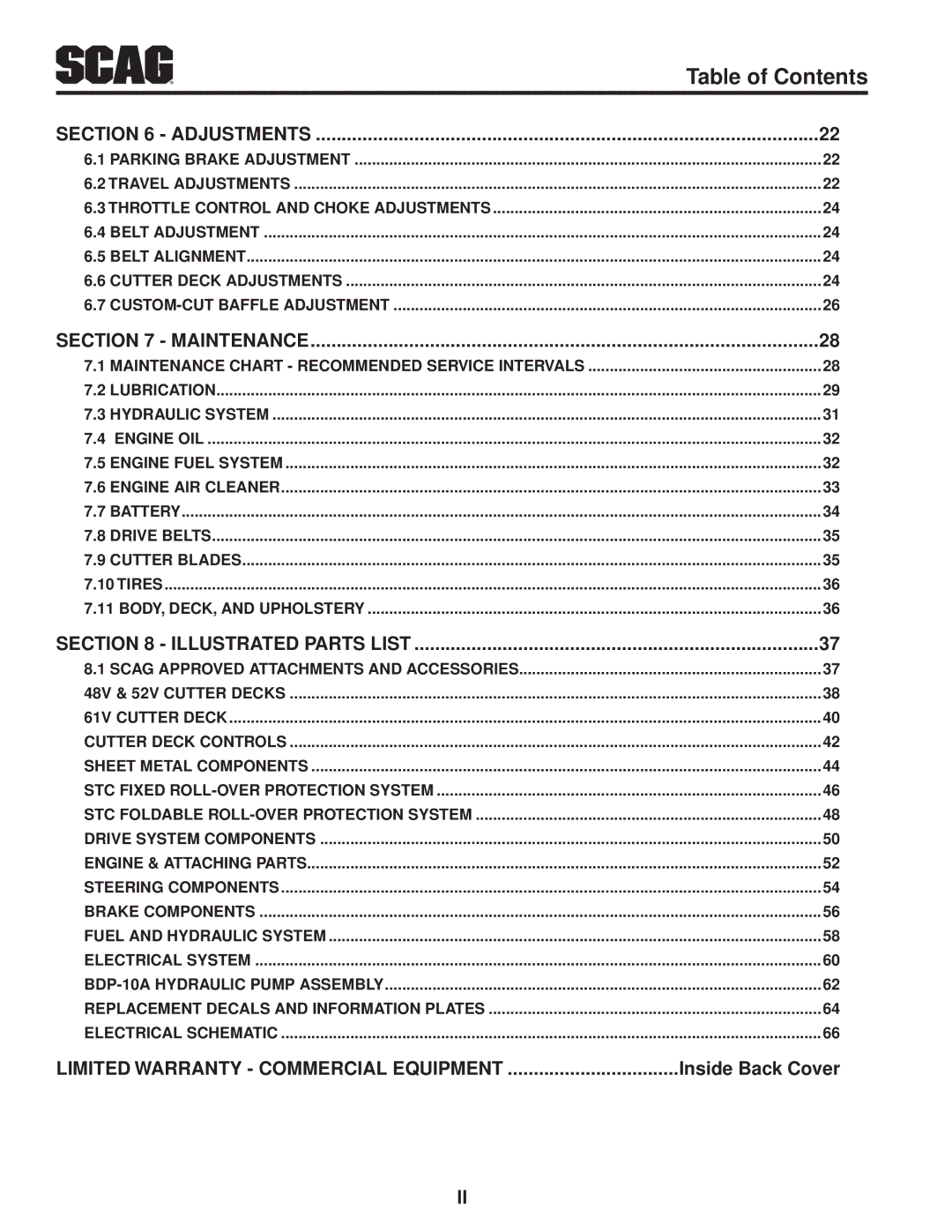 Scag Power Equipment STC48V26BS, STC61V-23BV, STC52V-23BV manual Limited Warranty Commercial Equipment, Inside Back Cover 