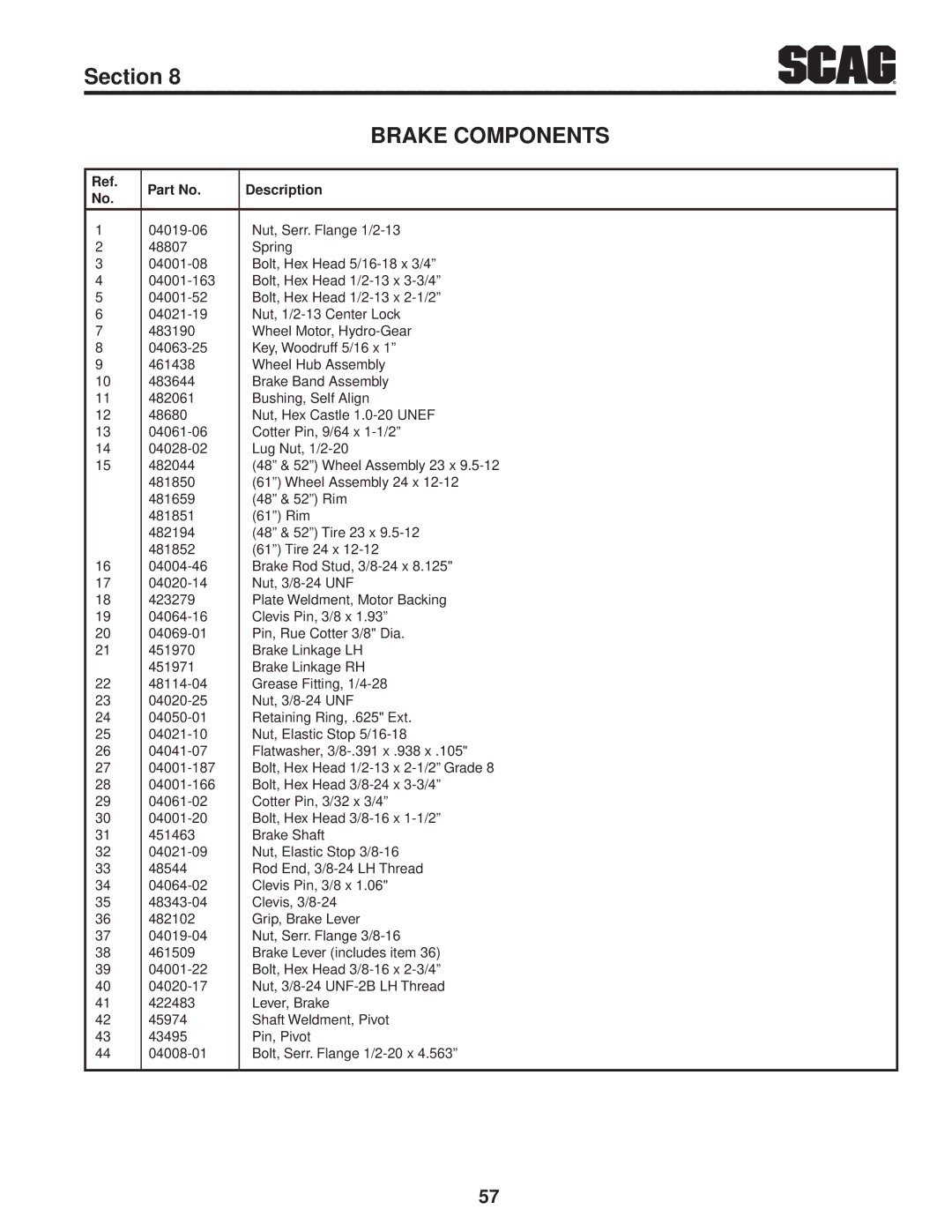 Scag Power Equipment STC52V-25CV, STC61V-23BV, STC52V-23BV, STC61V-25CV-FR, STC48V26BS, STC48V-26BS manual Brake Components 