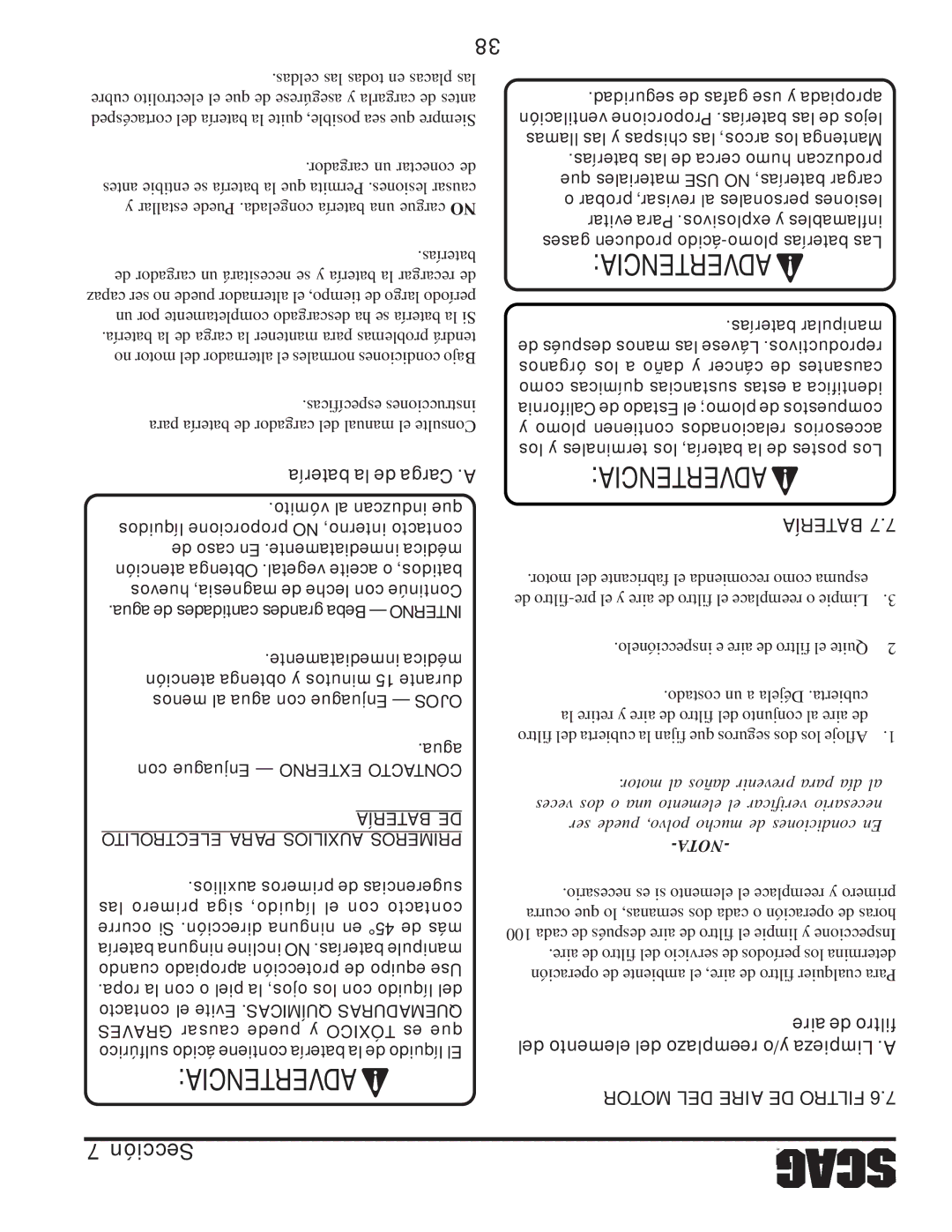 Scag Power Equipment STC48V26BS, STC61V-23BV, STC52V-23BV manual Batería, Gases producen ácido-plomo baterías Las Advertencia 