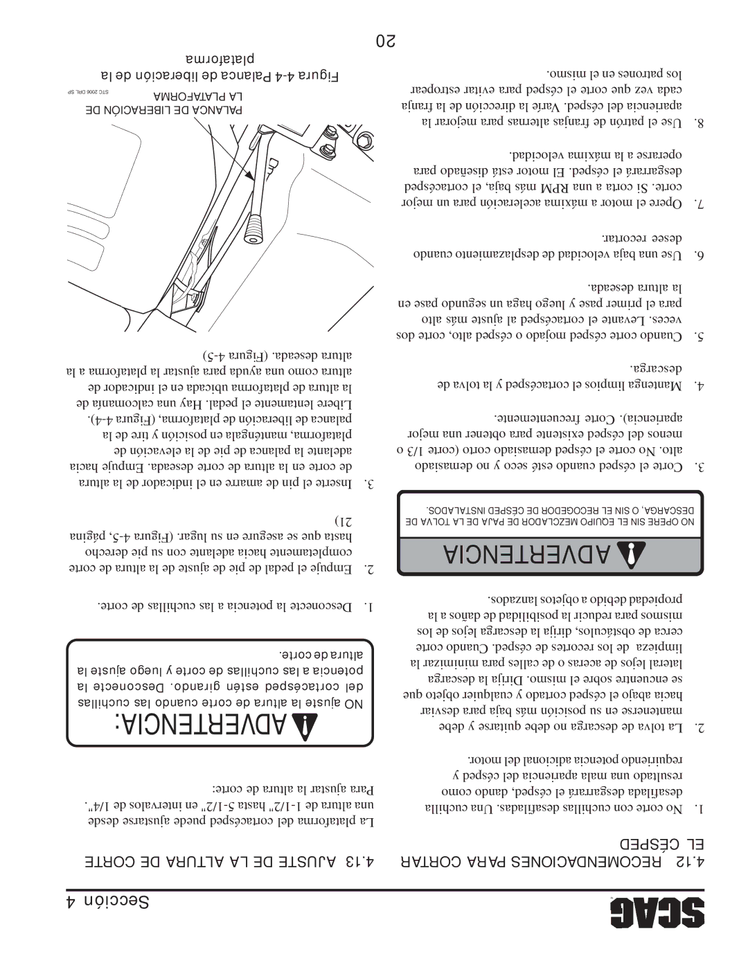 Scag Power Equipment STC48V-26BS, STC61V-23BV, STC52V-23BV, STC61V-25CV-FR, STC48V26BS, STC52V-25CV Advertencia, Plataforma 