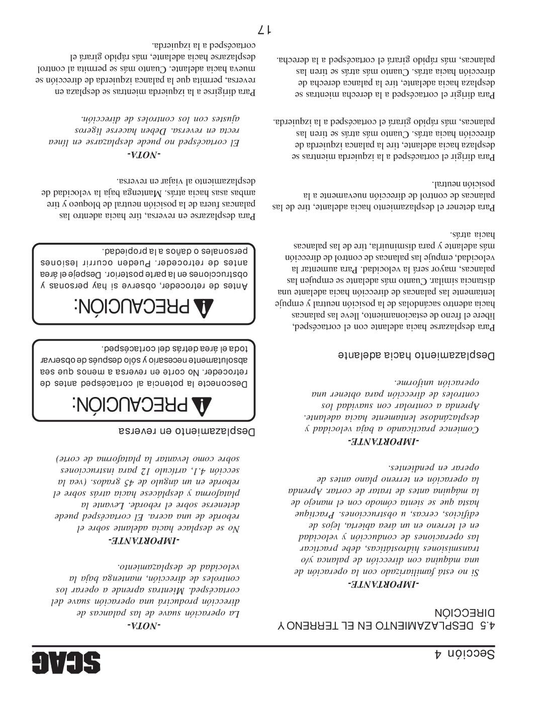 Scag Power Equipment STC52V-23BV, STC61V-23BV, STC61V-25CV-FR manual Precaución, Dirección Y Terreno EL EN Desplazamiento 
