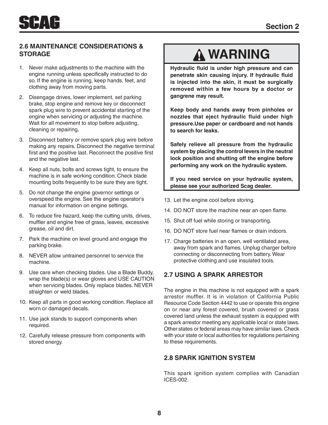 Scag Power Equipment STC61V-27CV Maintenance Considerations & storage, Using a spark arrestor, SPARK Ignition System 