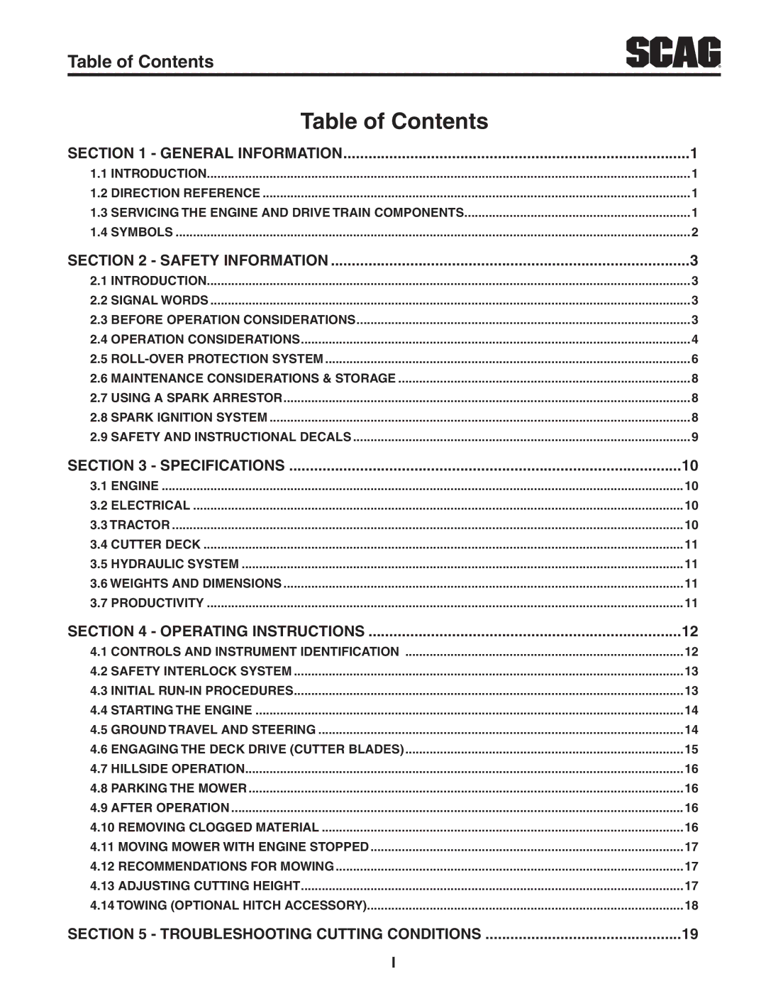 Scag Power Equipment STC52V-24FX, STC61V-27CV, STC48V-22FS-LE operating instructions Table of Contents 