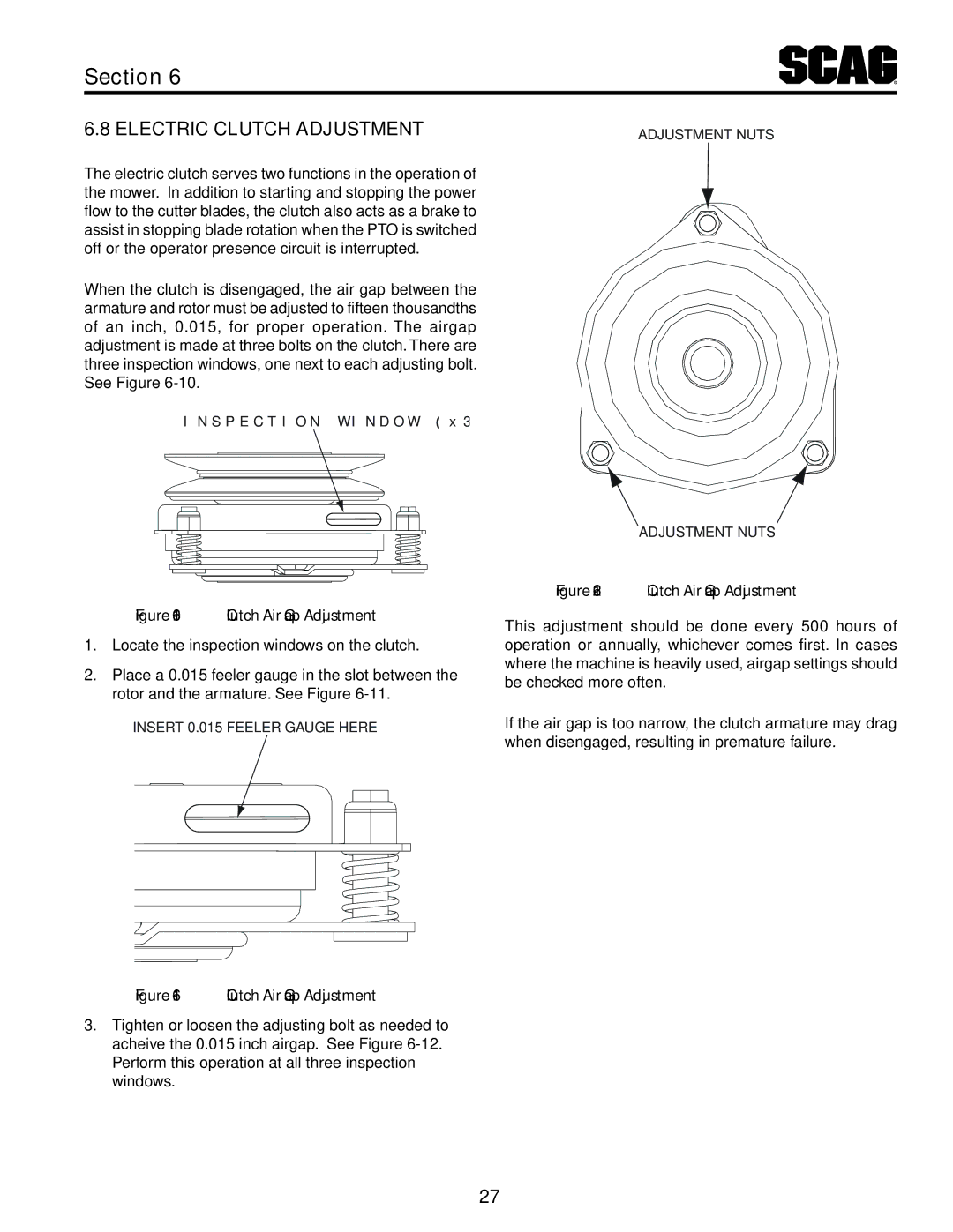 Scag Power Equipment STC52V-24FX, STC61V-27CV, STC48V-22FS Electric clutch adjustment, Clutch Air Gap Adjustment 