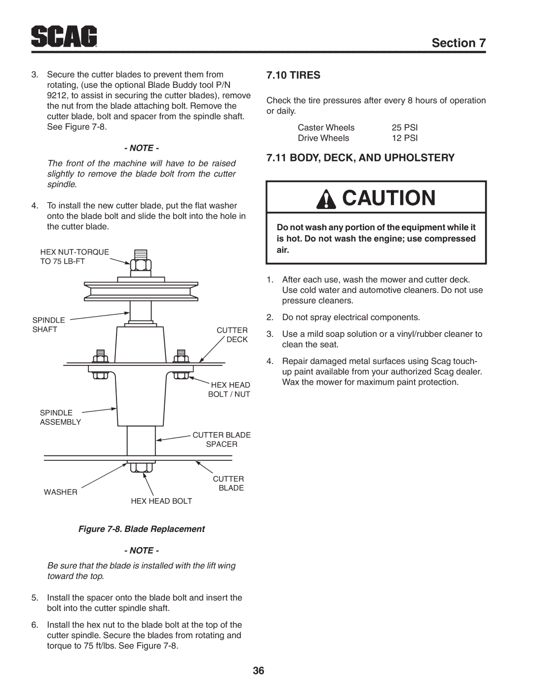 Scag Power Equipment STC61V-27CV, STC48V-22FS-LE, STC52V-24FX operating instructions Tires, BODY, DECK, and Upholstery 