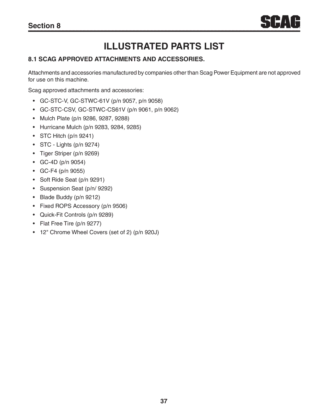 Scag Power Equipment STC48V-22FS, STC61V-27CV Illustrated Parts List, Scag Approved Attachments and Accessories 