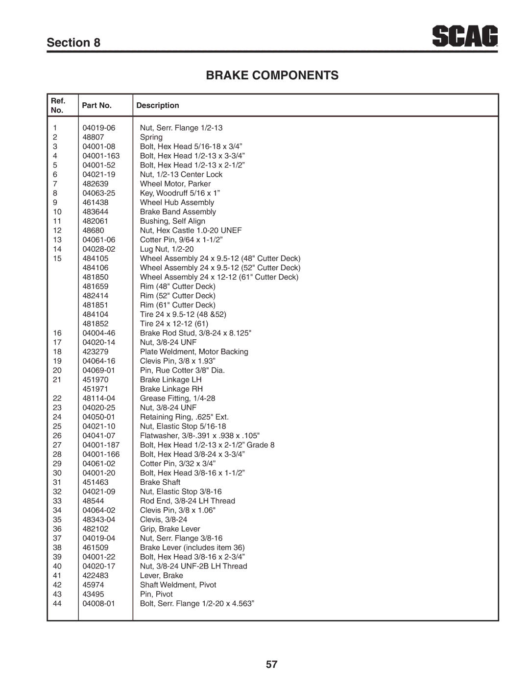 Scag Power Equipment STC61V-27CV, STC48V-22FS-LE, STC52V-24FX operating instructions Brake Components 