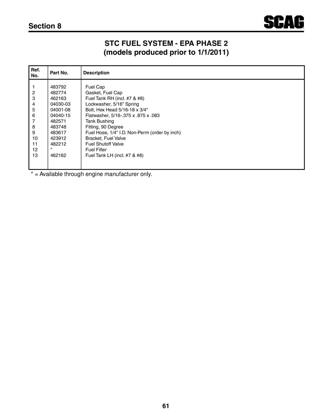 Scag Power Equipment STC61V-27CV, STC48V-22FS-LE, STC52V-24FX operating instructions STC Fuel System EPA Phase 