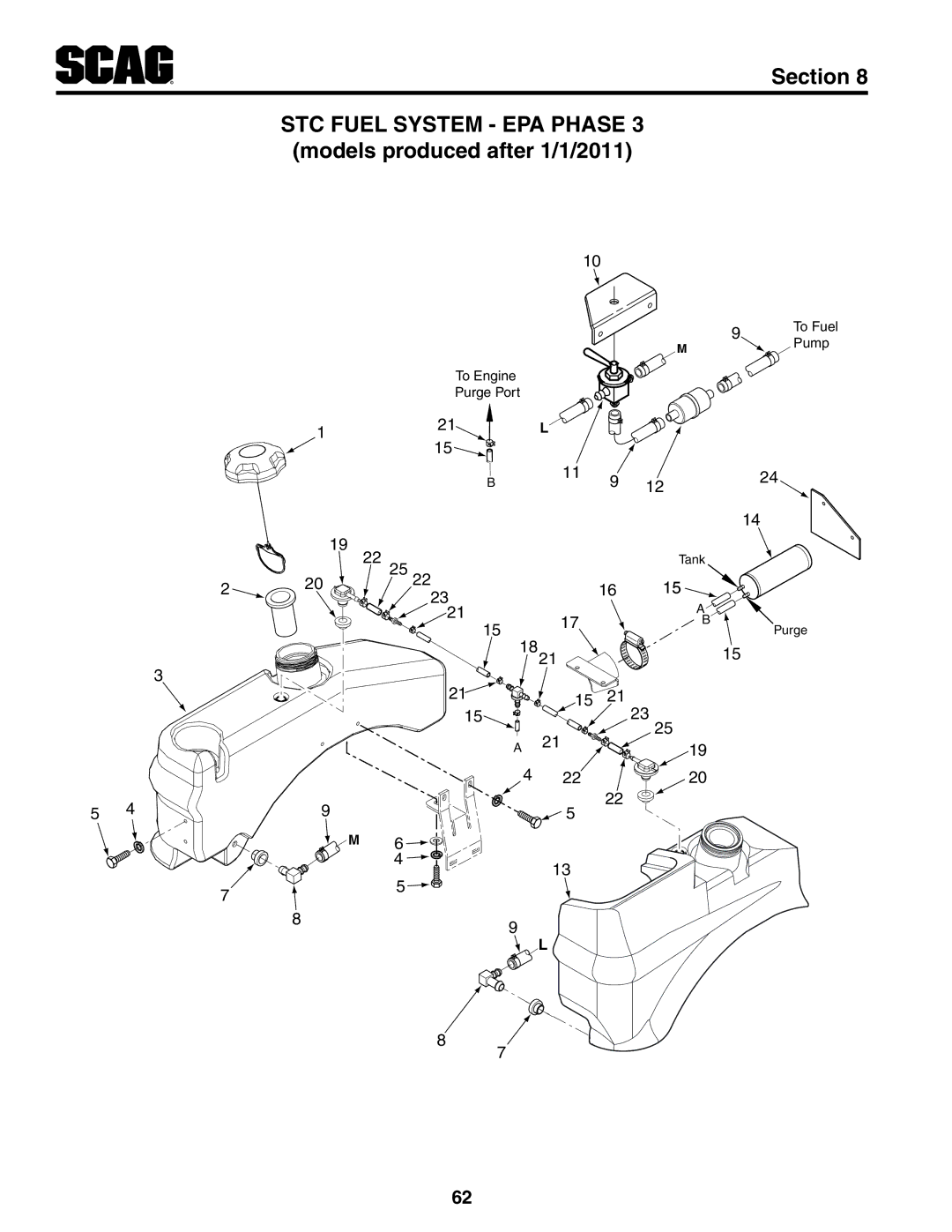 Scag Power Equipment STC48V-22FS-LE, STC61V-27CV, STC52V-24FX STC Fuel System EPA Phase 3 models produced after 1/1/2011 