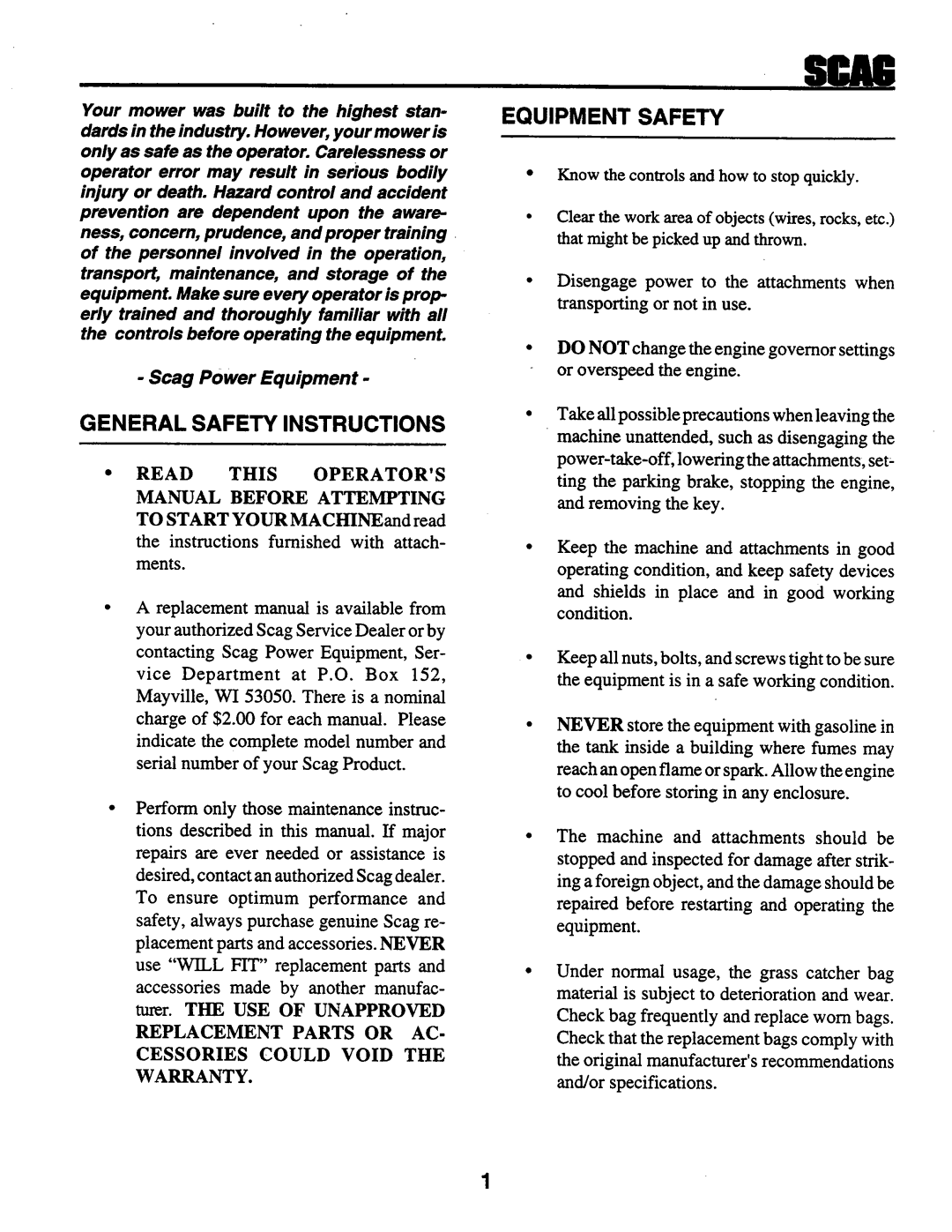 Scag Power Equipment STHM 59999 manual 