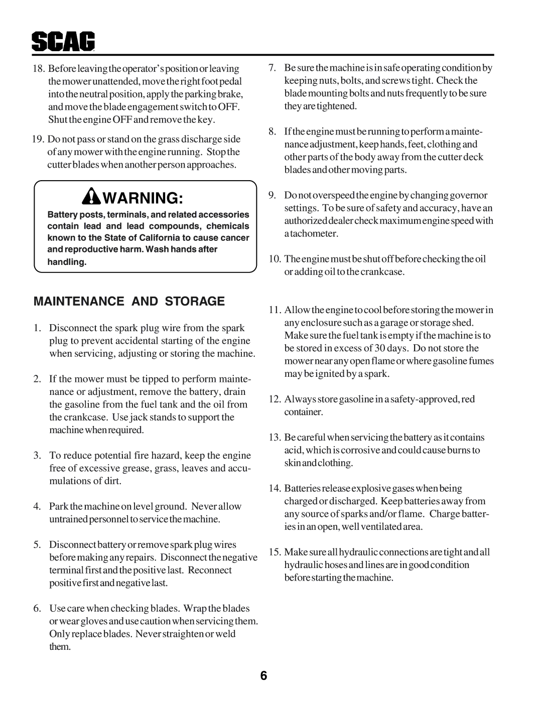 Scag Power Equipment STHM manual Maintenance and Storage 