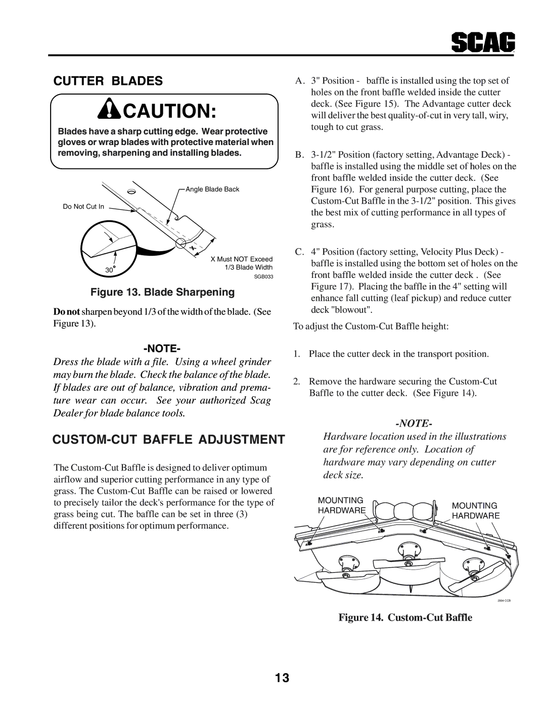 Scag Power Equipment STHM manual Cutter Blades, CUSTOM-CUT Baffle Adjustment 