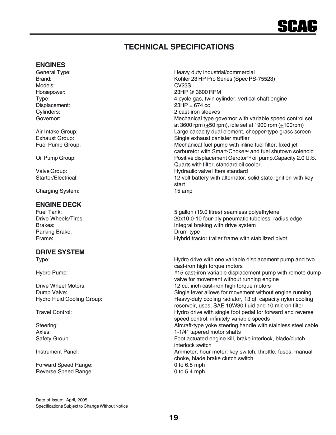 Scag Power Equipment STHM manual Technical Specifications, Engines 