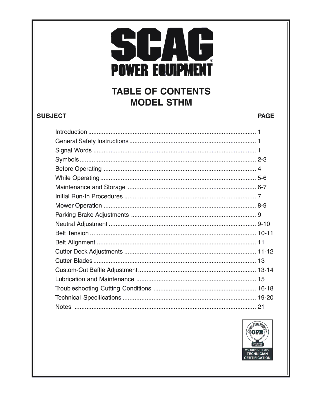 Scag Power Equipment STHM manual Table of Contents Model Sthm 