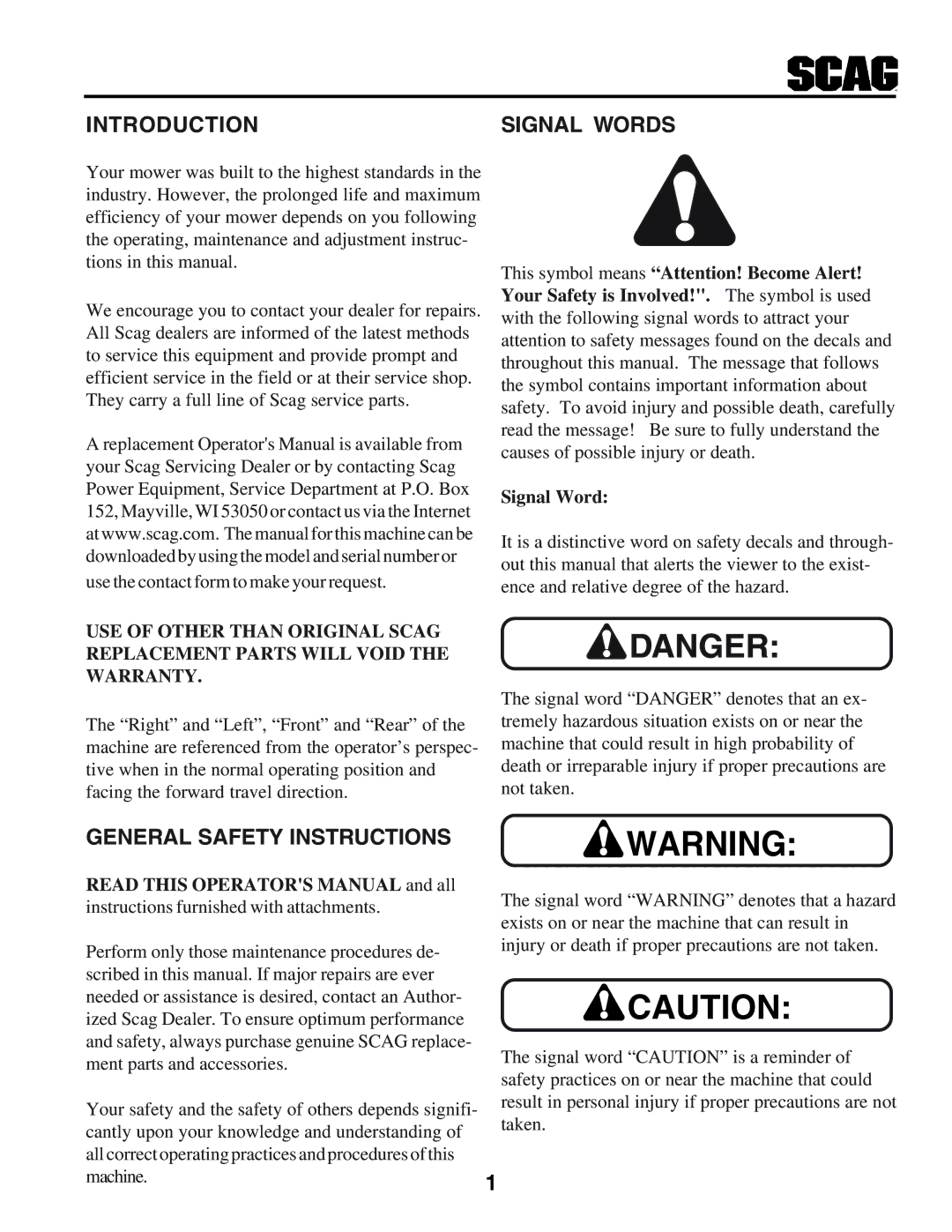 Scag Power Equipment STHM manual Introduction Signal Words, General Safety Instructions 