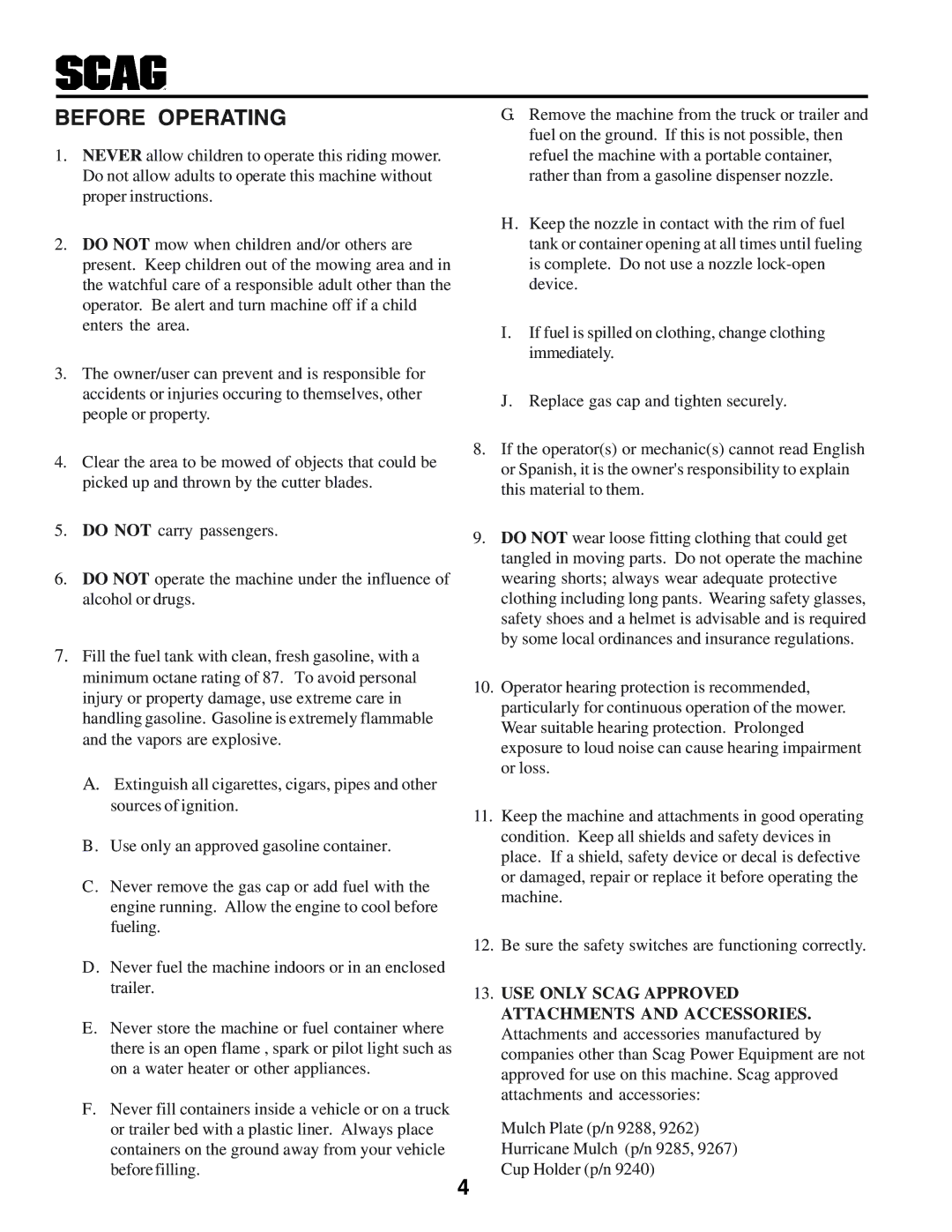 Scag Power Equipment STHM manual Before Operating 