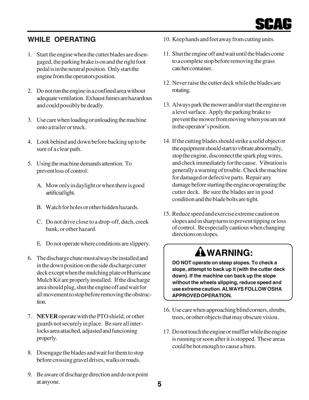 Scag Power Equipment STHM manual While Operating 