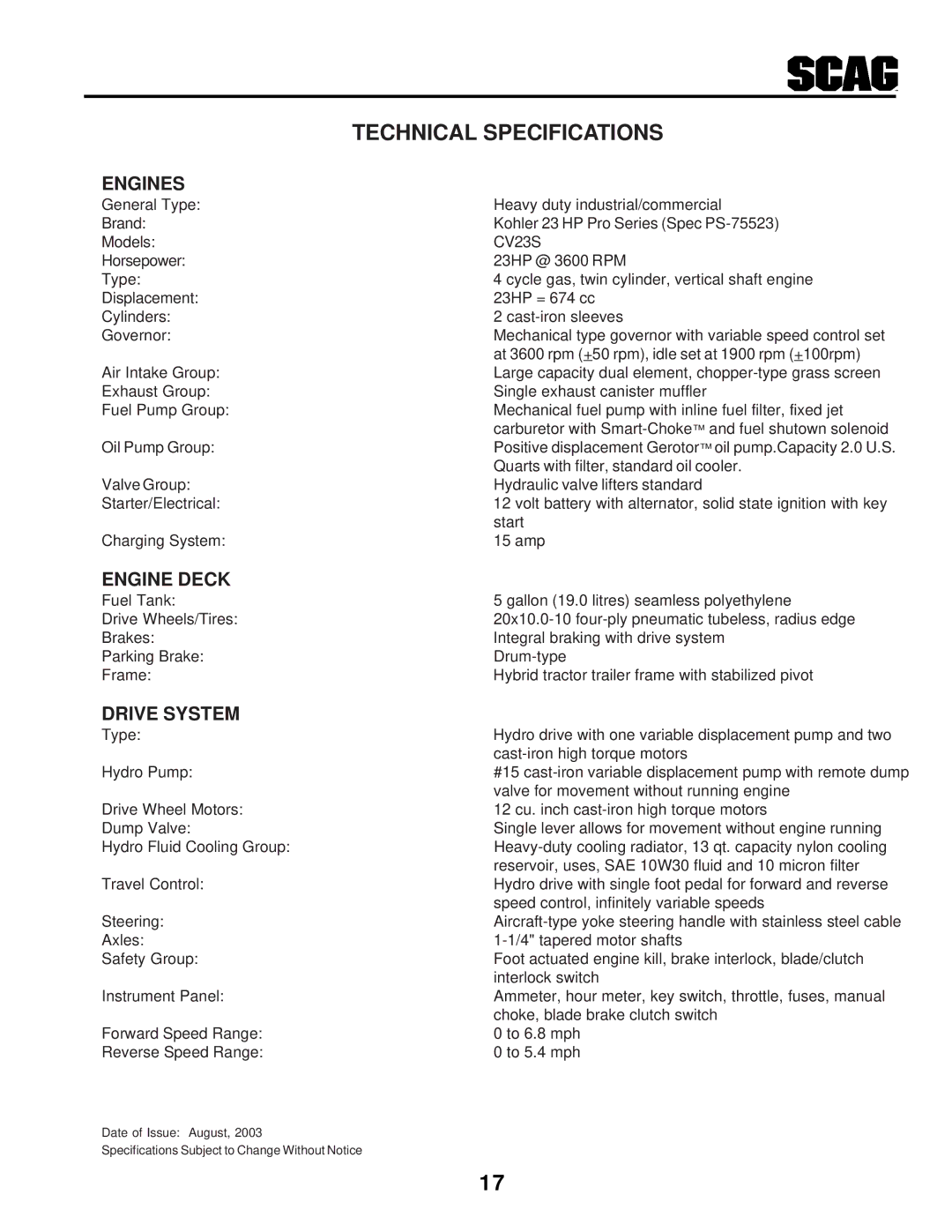 Scag Power Equipment STHM manual Technical Specifications, Engines, Engine Deck, Drive System 