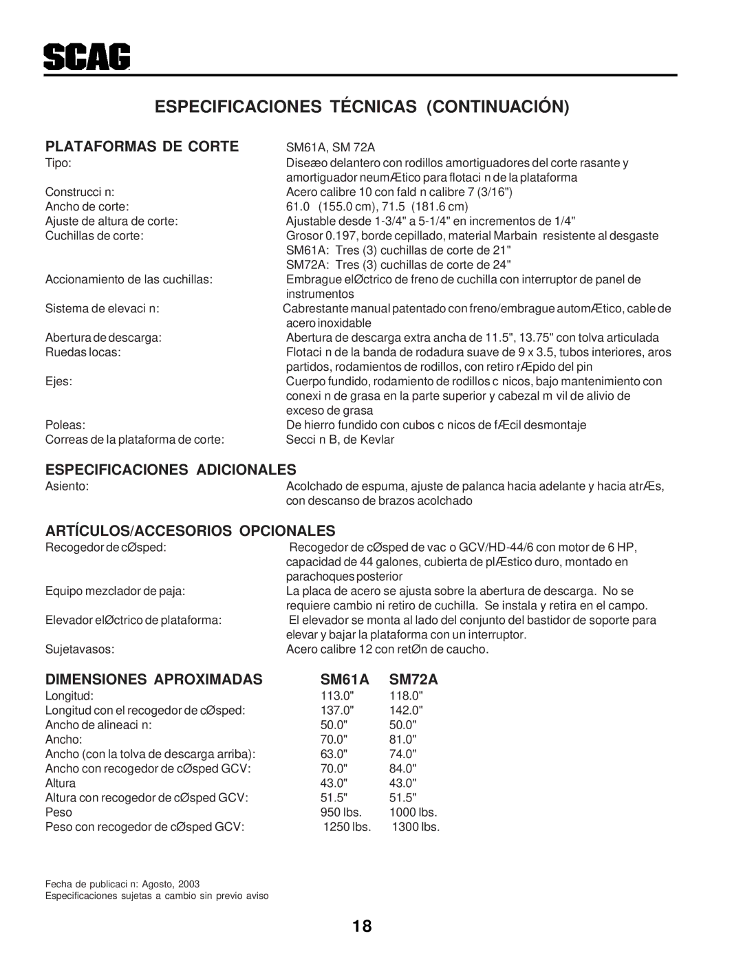 Scag Power Equipment STHM manual Continuación Técnicas Especificaciones, SM72A SM61A Aproximadas Dimensiones 