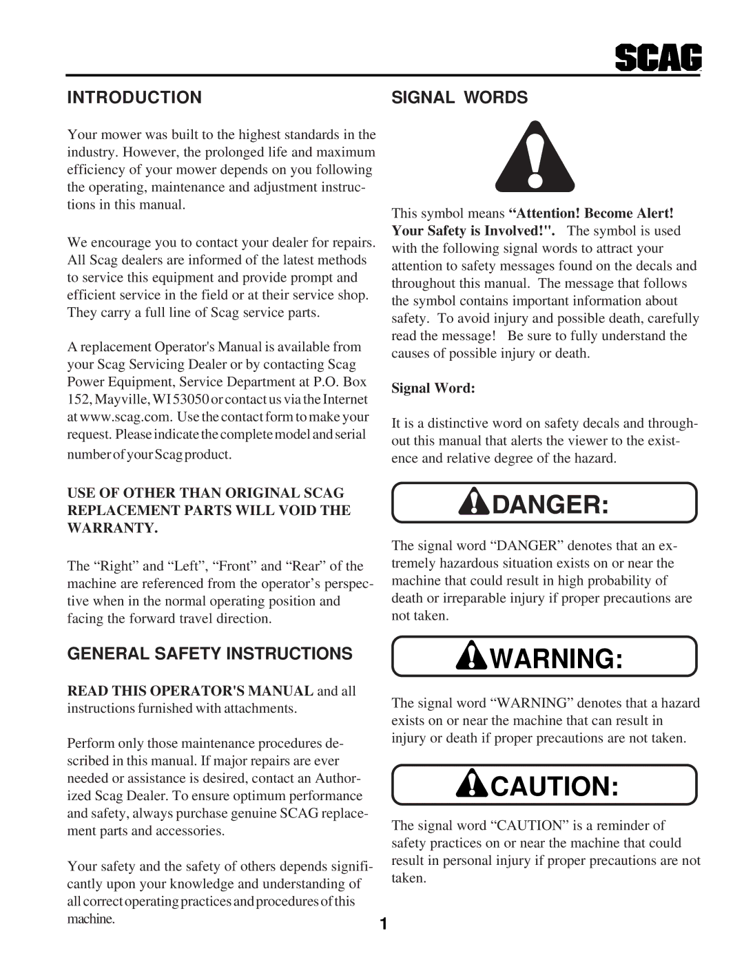 Scag Power Equipment STHM manual Introduction Signal Words, General Safety Instructions 