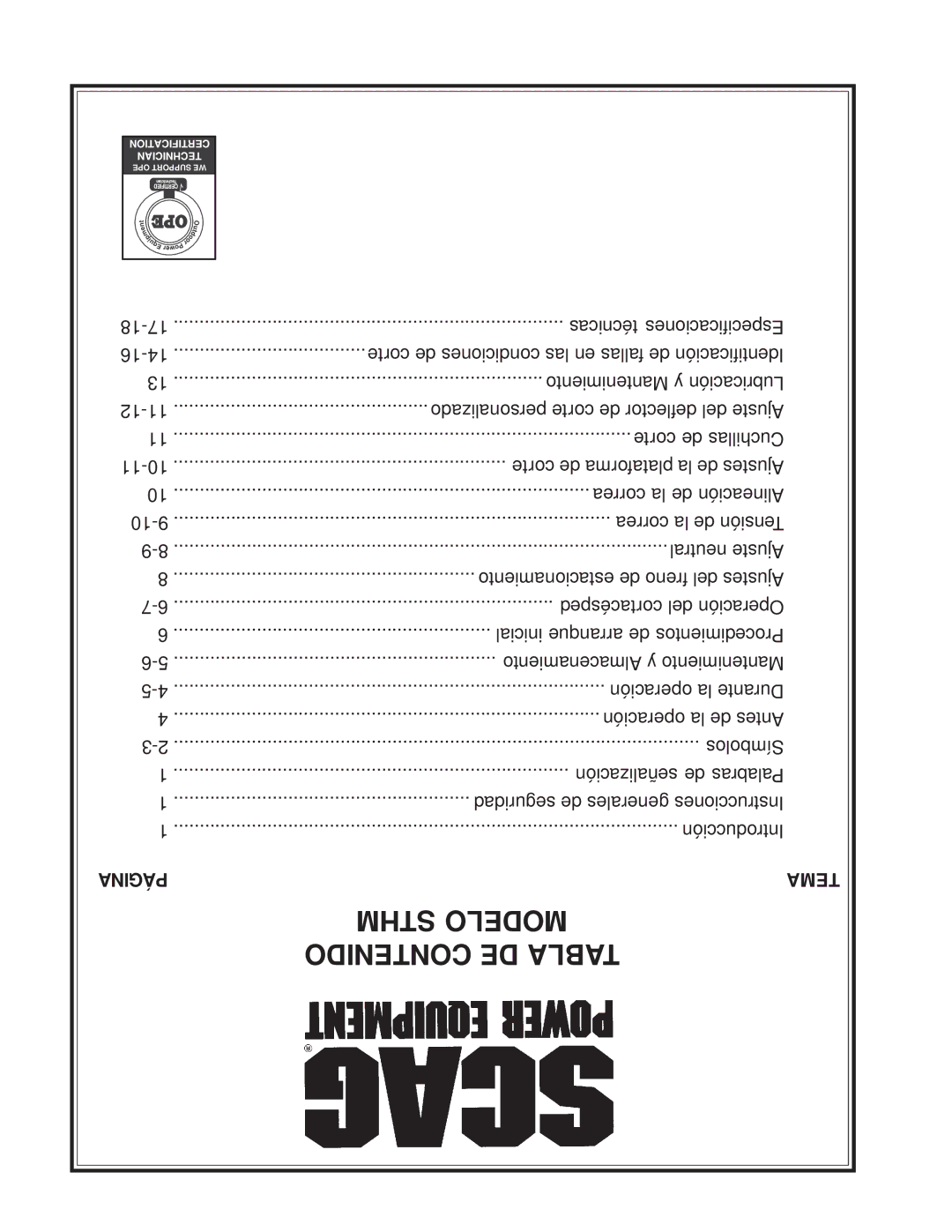 Scag Power Equipment STHM manual Sthm Modelo 