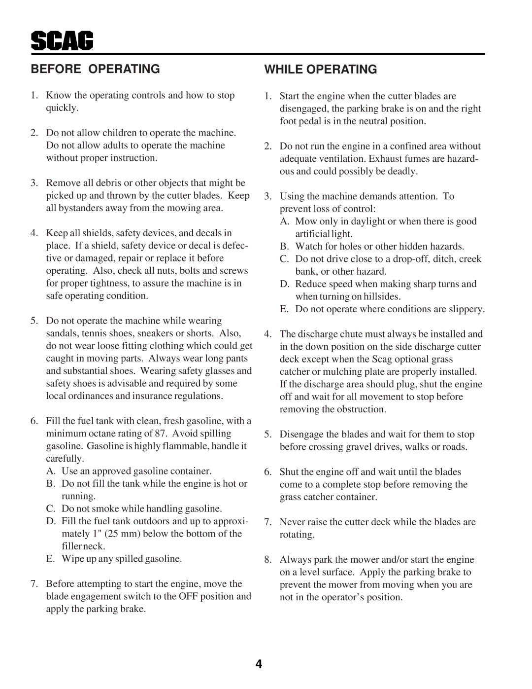 Scag Power Equipment STHM manual Before Operating, While Operating 