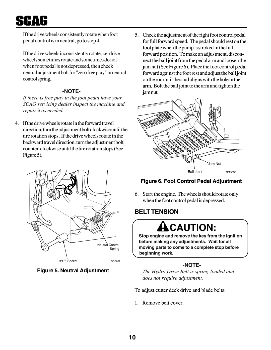 Scag Power Equipment STHM manual Belt Tension, Neutral Adjustment, Foot Control Pedal Adjustment 