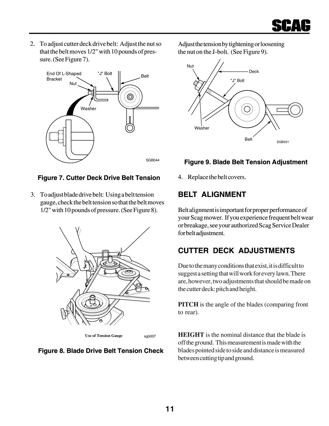 Scag Power Equipment STHM manual Belt Alignment, Cutter Deck Adjustments, Cutter Deck Drive Belt Tension 
