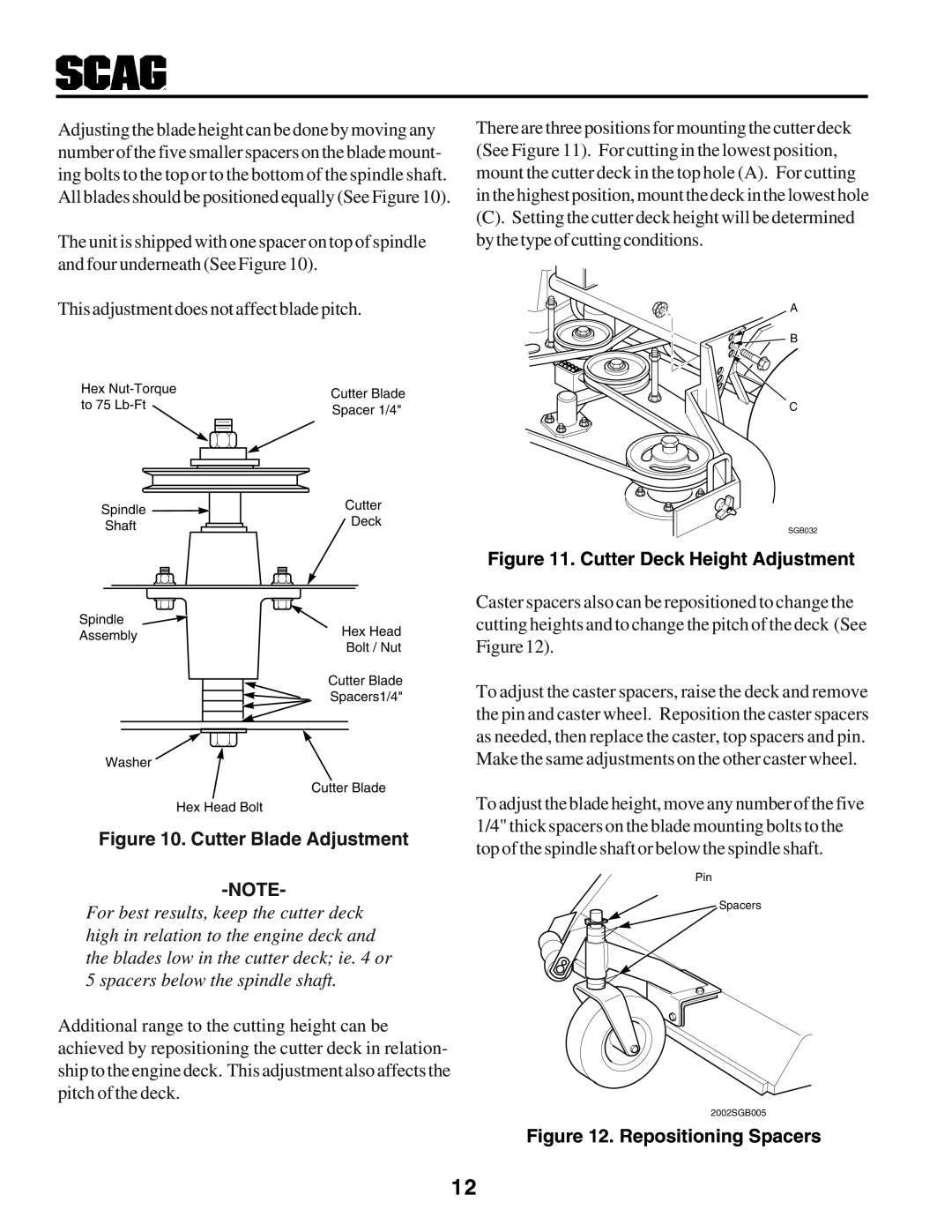 Scag Power Equipment STHM manual Cutter Blade Adjustment, Cutter Deck Height Adjustment, Repositioning Spacers 