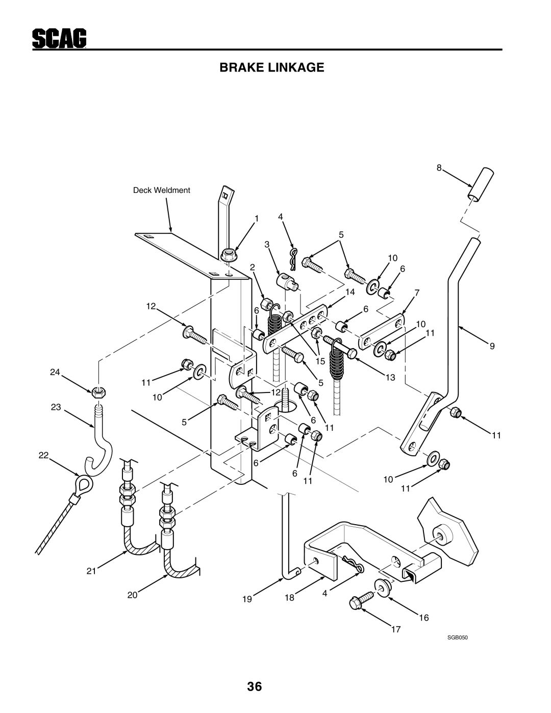 Scag Power Equipment STHM manual Brake Linkage, Deck Weldment, SGB050 