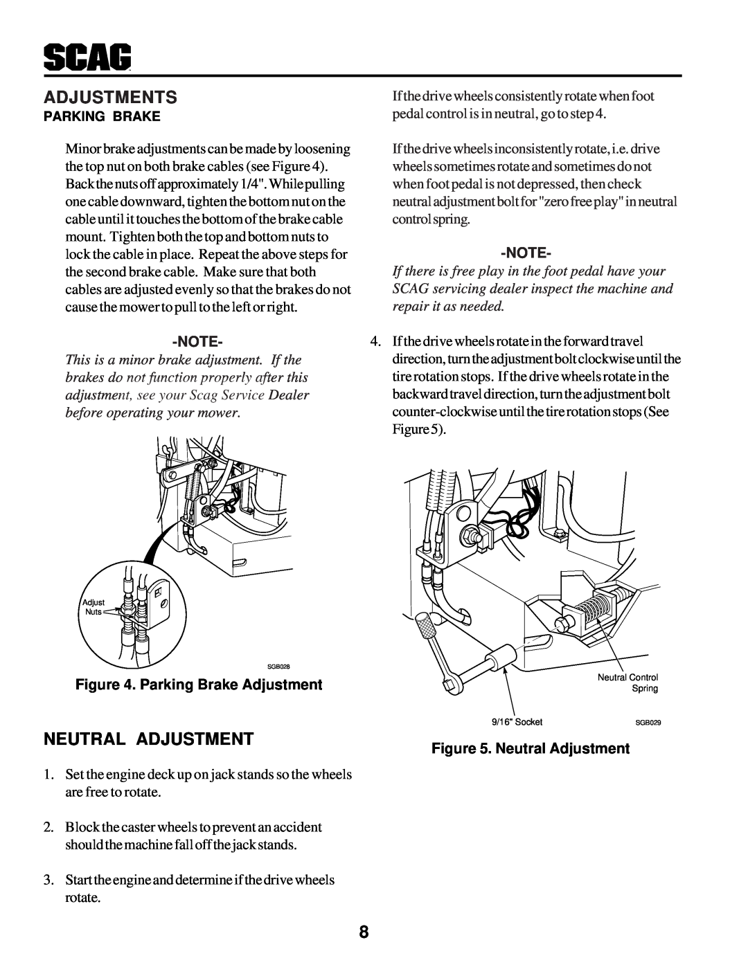 Scag Power Equipment STHM manual Neutral Adjustment, Adjustments, Parking Brake Adjustment 
