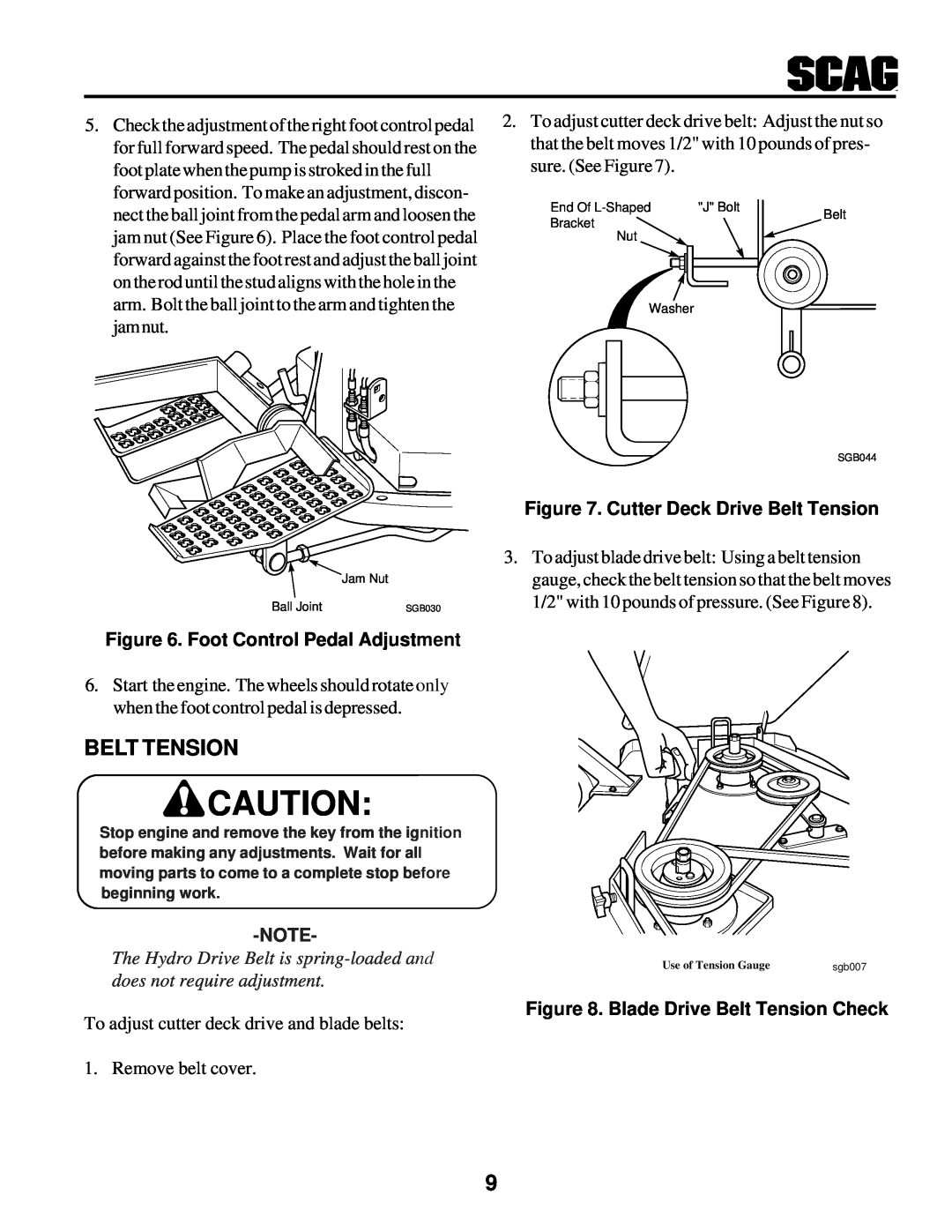 Scag Power Equipment STHM manual Foot Control Pedal Adjustment, Cutter Deck Drive Belt Tension 