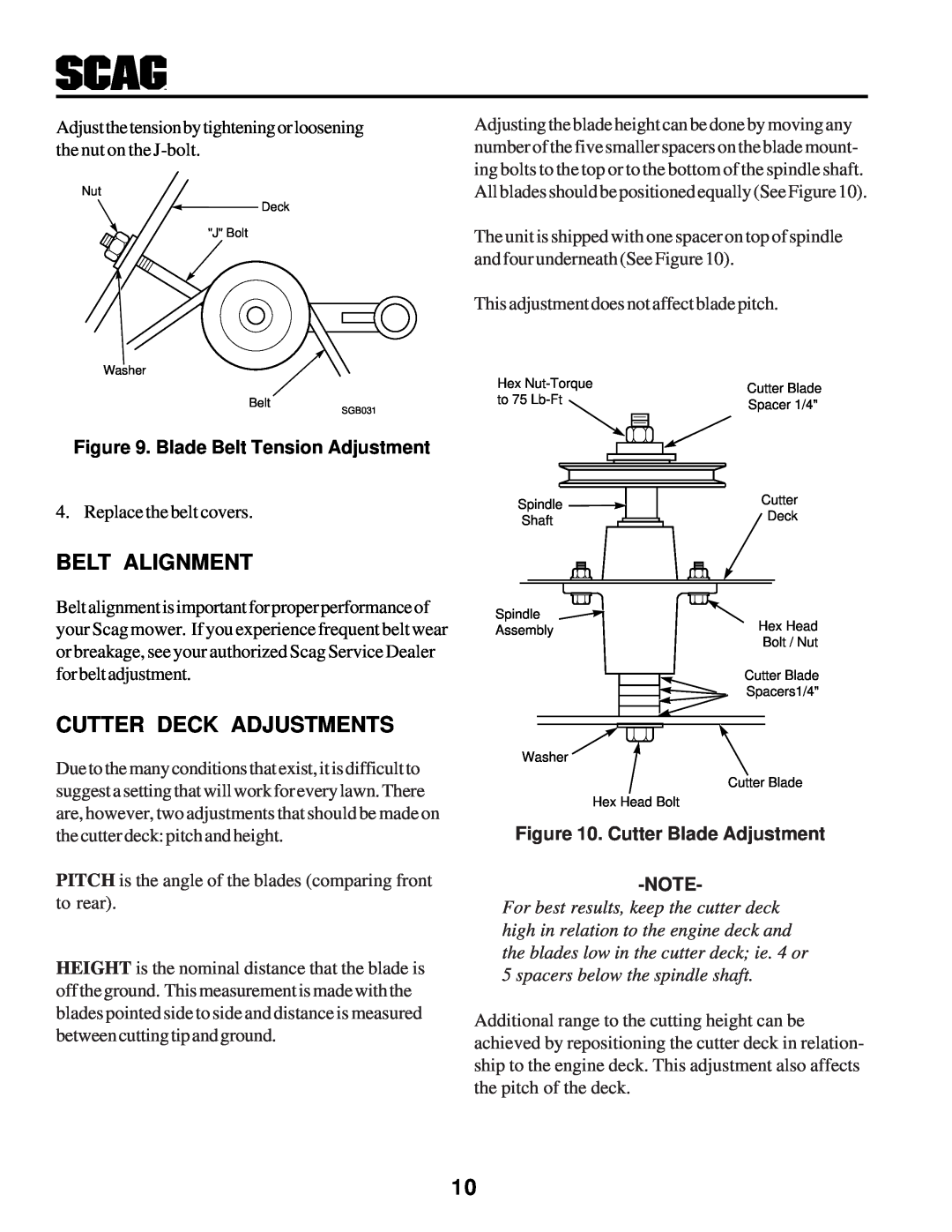 Scag Power Equipment STHM Belt Alignment, Cutter Deck Adjustments, Blade Belt Tension Adjustment, Cutter Blade Adjustment 