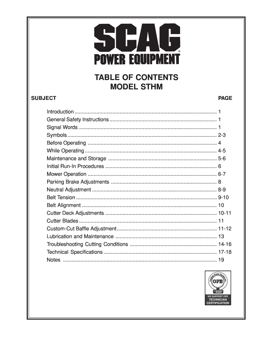 Scag Power Equipment STHM manual Table Of Contents, Model Sthm, Subject 