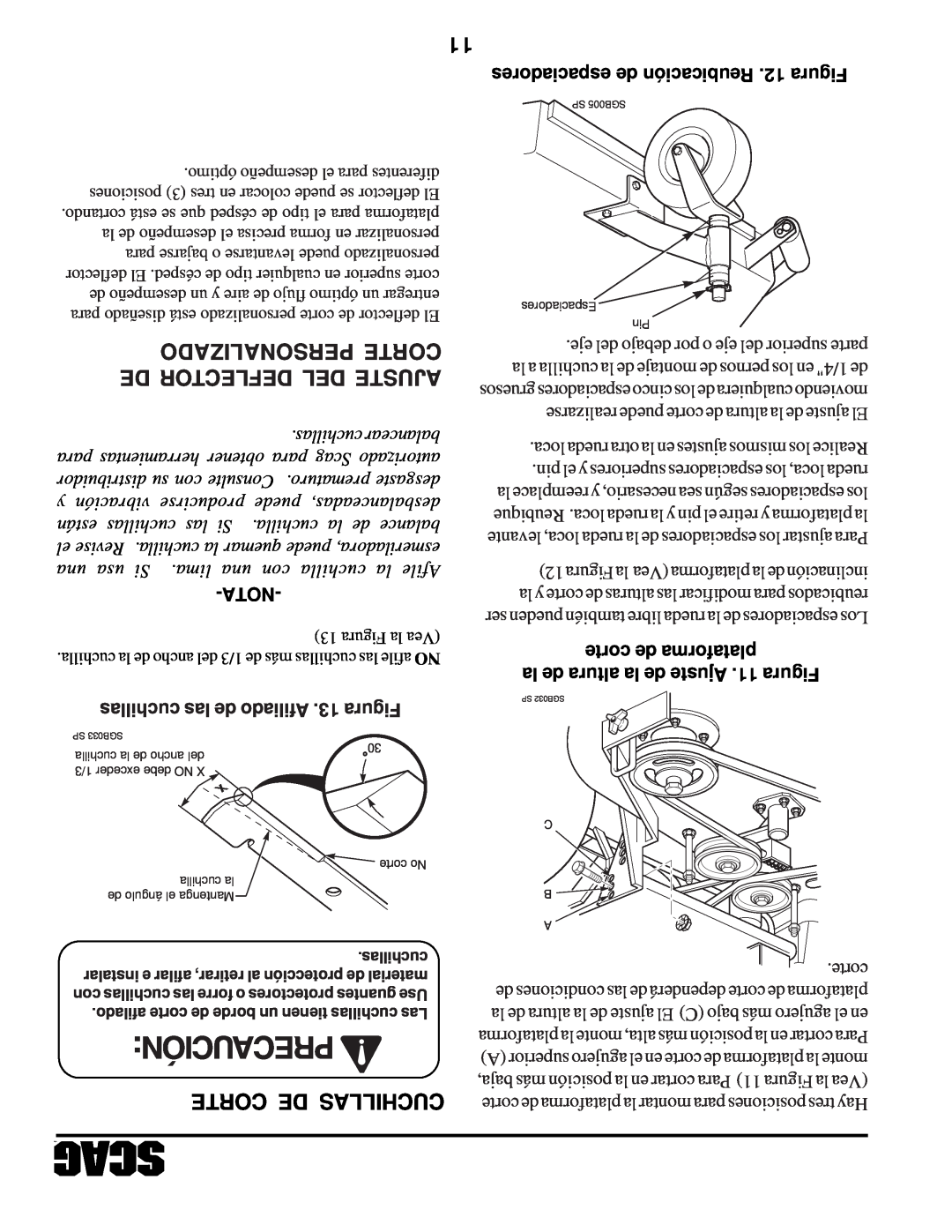 Scag Power Equipment STHM manual Precaución Corte De Cuchillas, Personalizado Corte, De Deflector Del Ajuste, Nota 