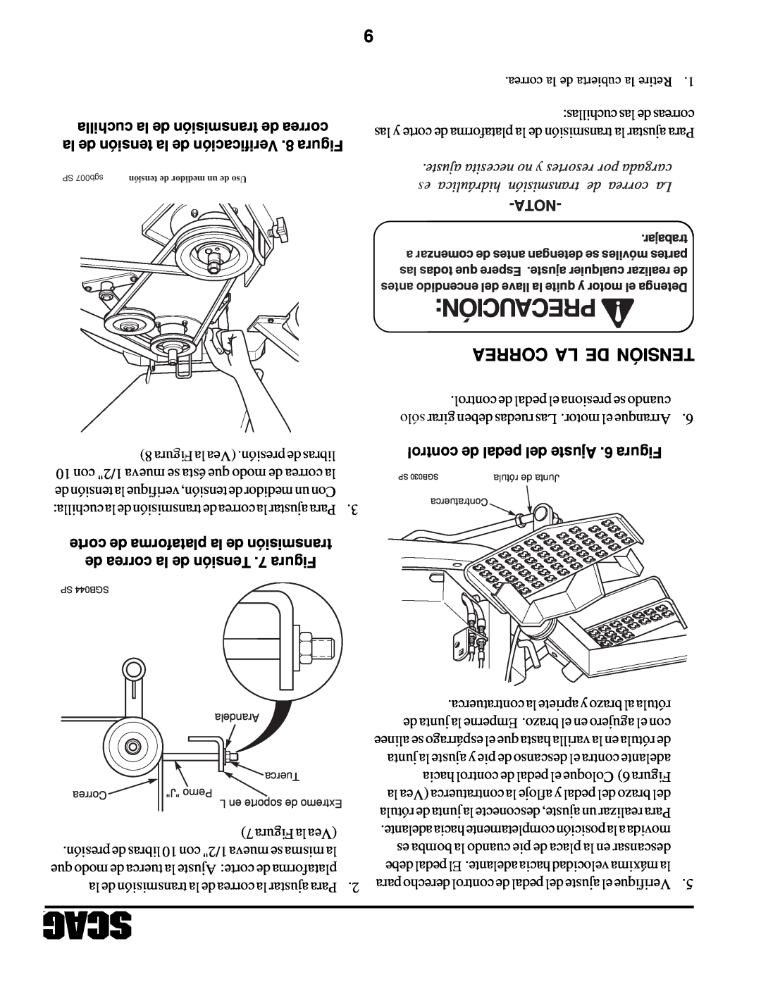 Scag Power Equipment STHM manual Precaución, Correa La De Tensión, cuchilla la de transmisión de correa, Nota 
