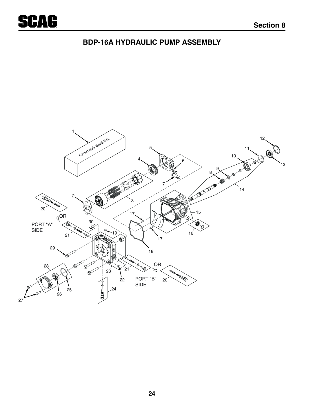 Scag Power Equipment STT-25CH-LP manual BDP-16AHYDRAULIC PUMP ASSEMBLY, Section, Port A, Side, Port B 
