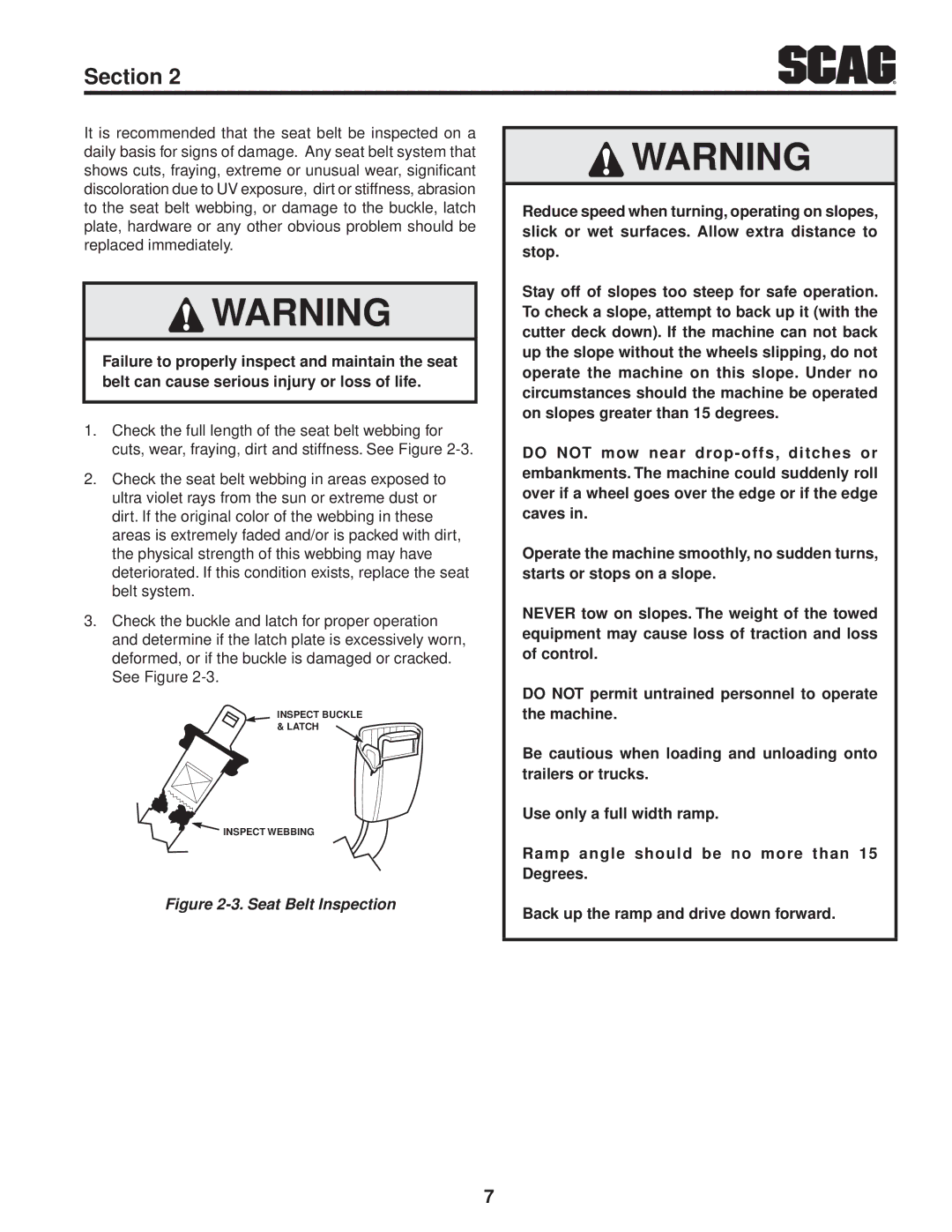 Scag Power Equipment STT-28CAT manual Seat Belt Inspection 