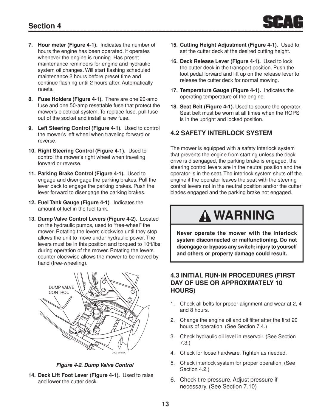 Scag Power Equipment STT-28CAT manual Safety Interlock System, Dump Valve Control 