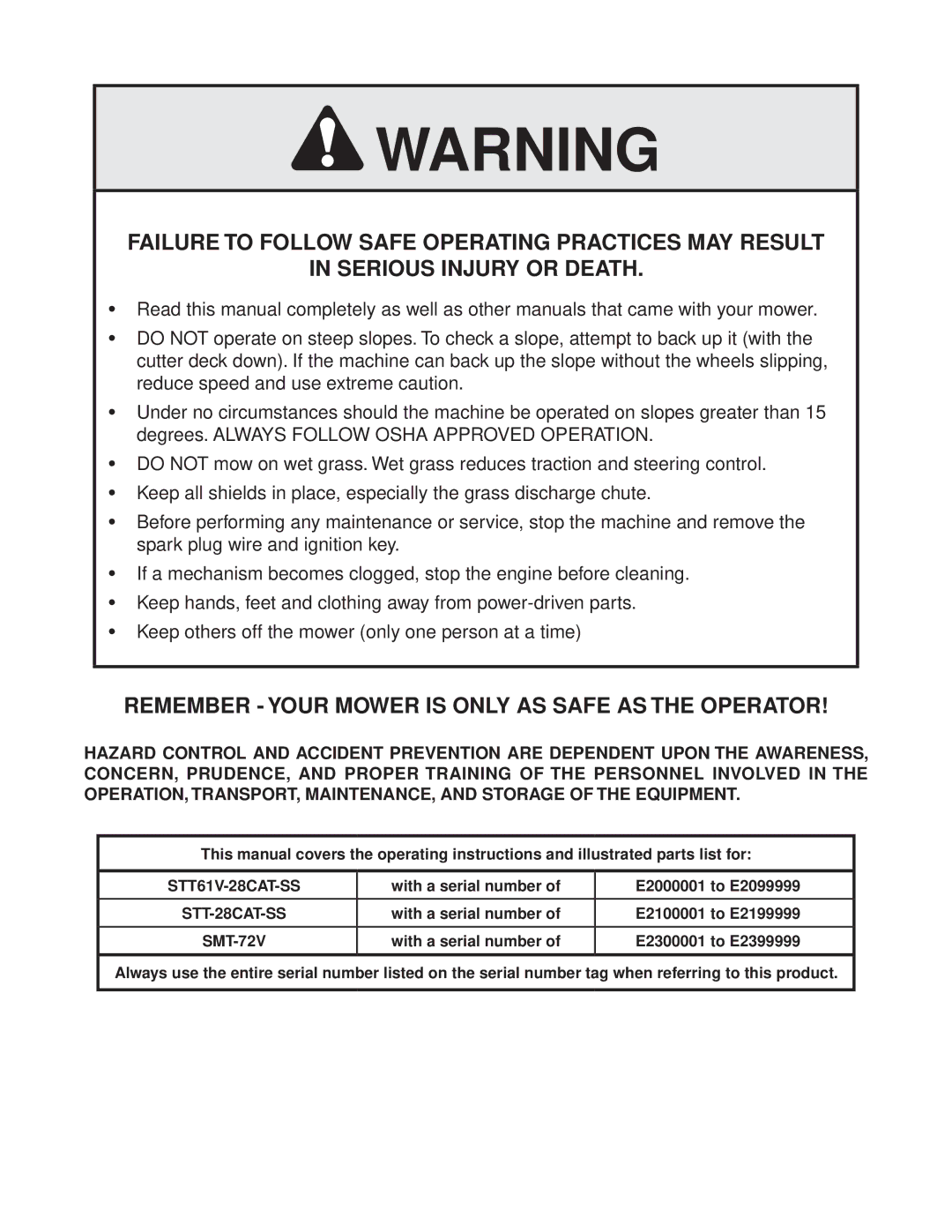 Scag Power Equipment STT-28CAT manual Remember Your Mower is only AS Safe AS the Operator 