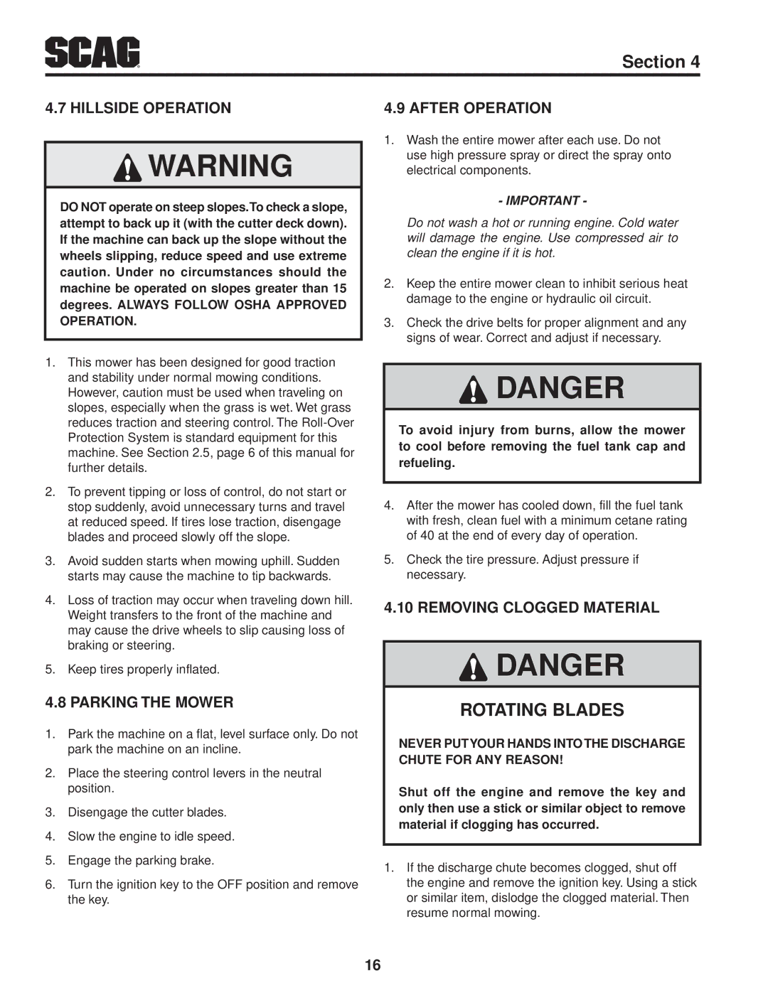 Scag Power Equipment STT-28CAT manual Hillside Operation, Parking the Mower, After Operation, Removing Clogged Material 