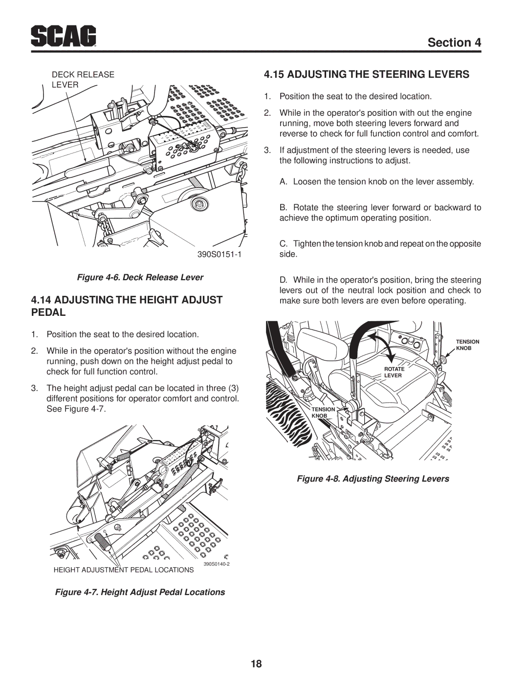 Scag Power Equipment STT-28CAT manual Adjusting the Height Adjust Pedal, Adjusting the Steering Levers 