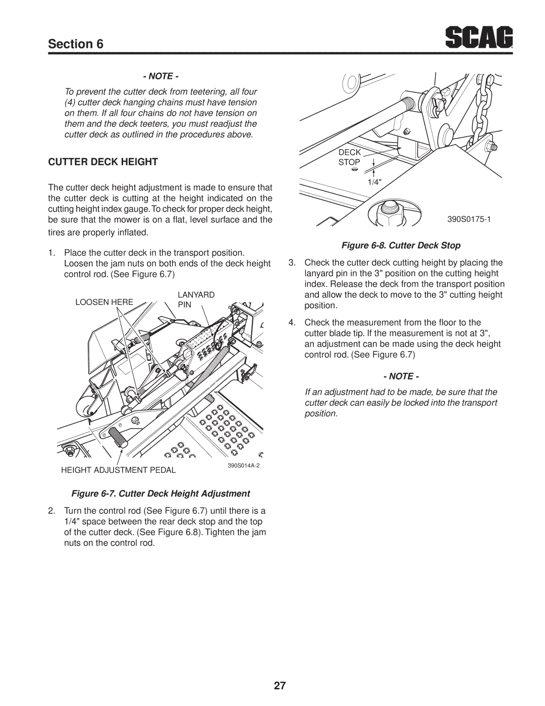 Scag Power Equipment STT-28CAT manual Cutter Deck Height, Cutter Deck Stop 