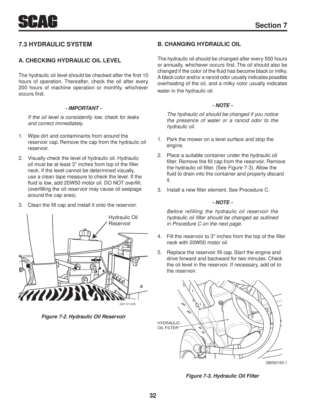 Scag Power Equipment STT-28CAT manual Checking Hydraulic Oil Level, Changing Hydraulic Oil 