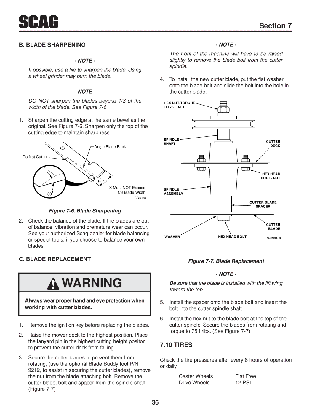 Scag Power Equipment STT-28CAT manual Tires, Blade Sharpening, Blade Replacement 