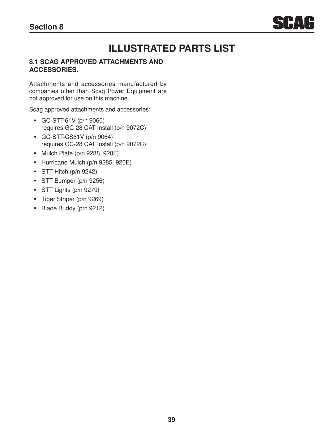 Scag Power Equipment STT-28CAT manual Illustrated Parts List, Scag Approved Attachments and Accessories 