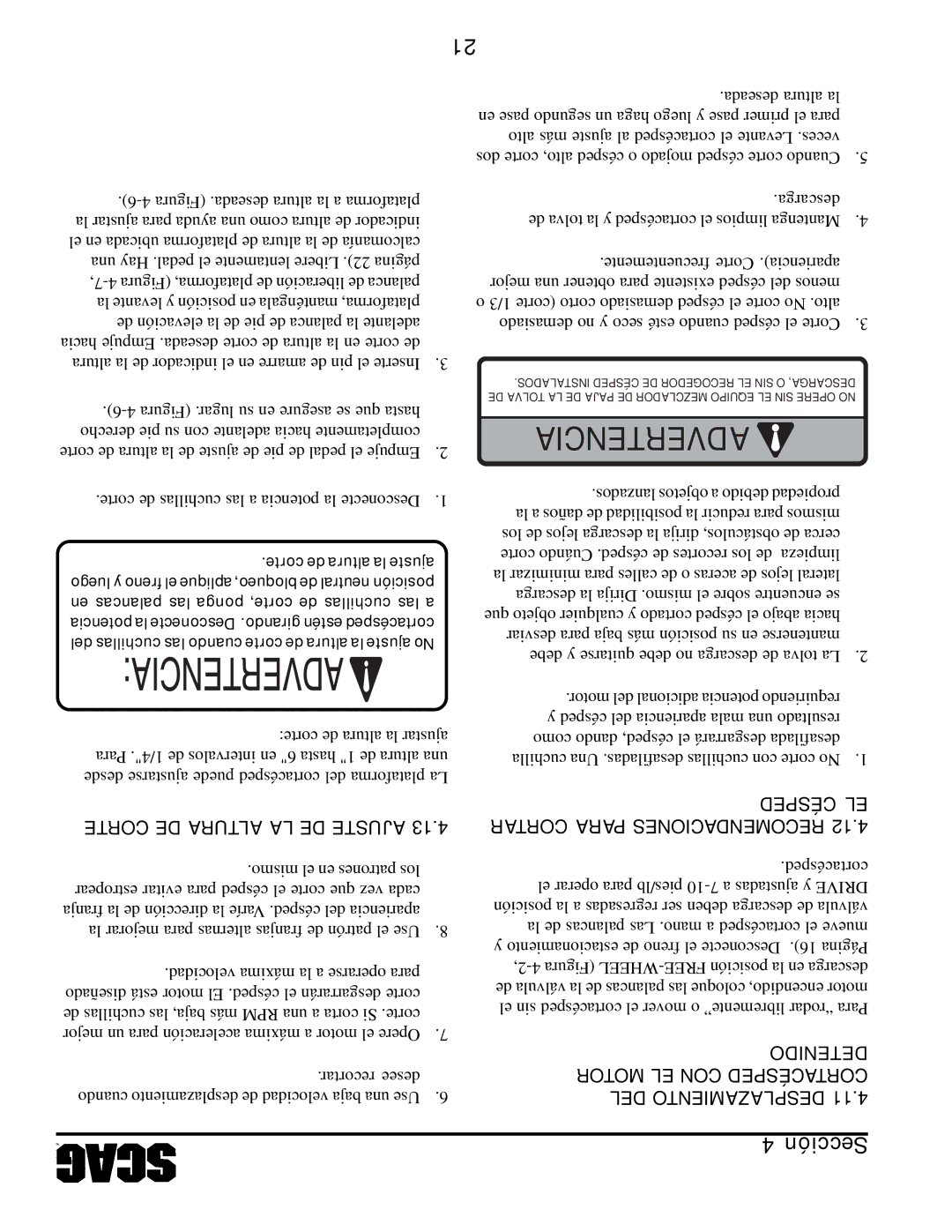 Scag Power Equipment STT61V-27KA, STT-29DFI-SS, STT-29DF-SS Advertencia, En palancas las ponga corte, de cuchillas las a 