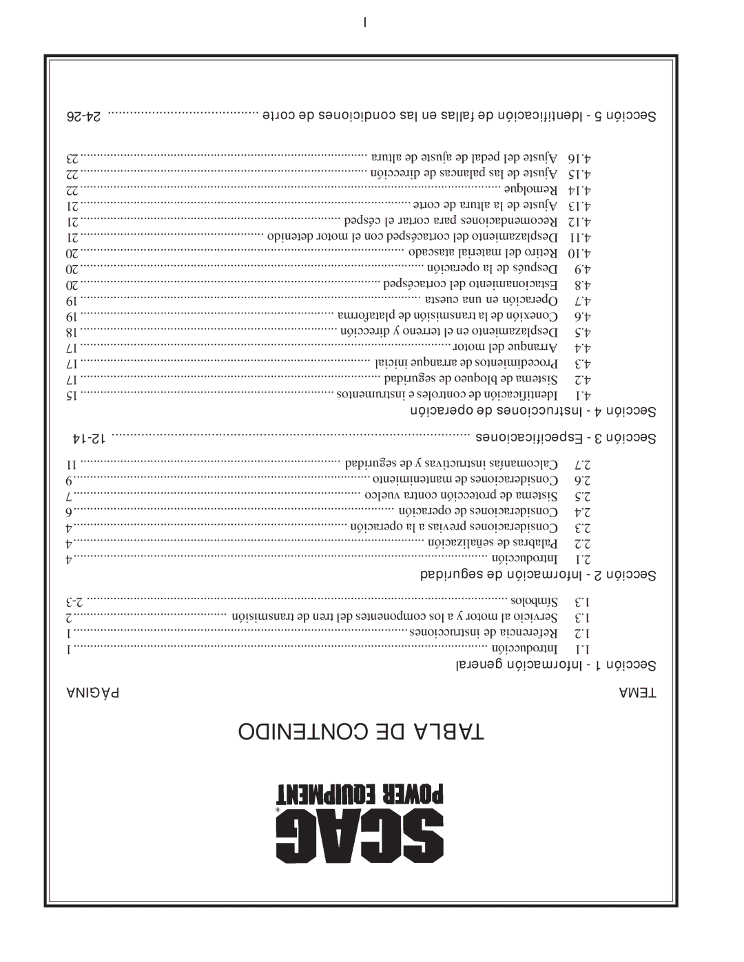 Scag Power Equipment STT52V-27CH, STT-29DFI-SS, STT-29DF-SS, STT61V-27CH, STT61V-29DFI-SS, STT-35BV-SS Contenido DE Tabla 