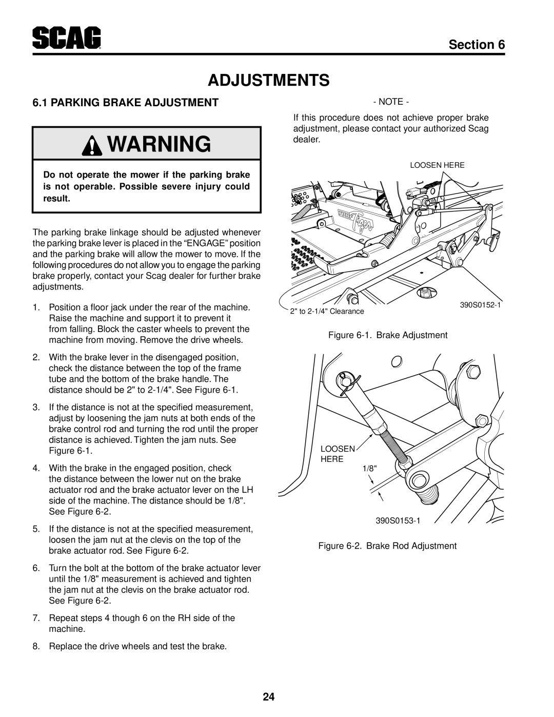 Scag Power Equipment STT52V-27CH, STT-29DFI-SS, STT-29DF-SS, STT61V-27CH, STT-35BV-SS Adjustments, Parking Brake Adjustment 